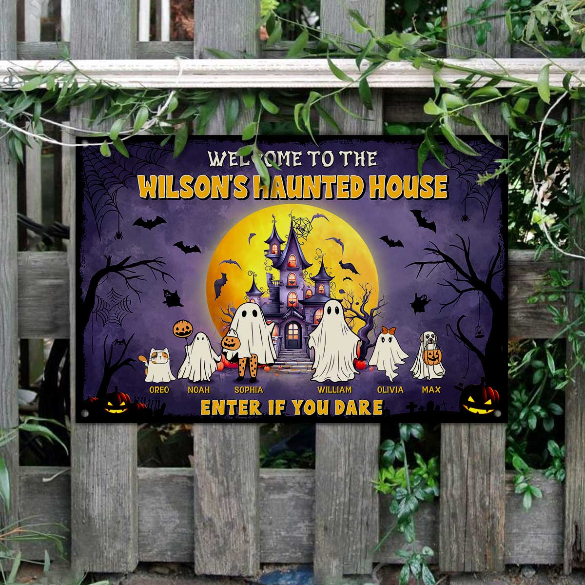 Personalized Halloween Family Ghost Metal Sign, Custom Welcome to Haunted House Sign, Halloween Decorations