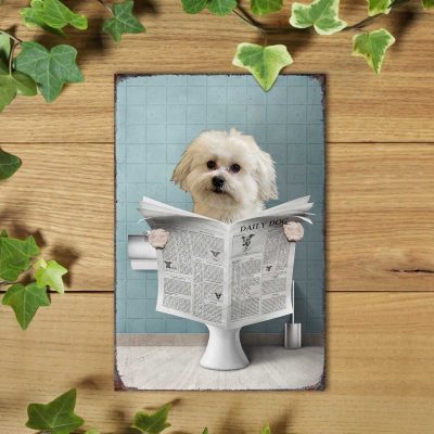 Dog Read Newspaper On Toilet Metal Sign, Personalized Funny Dog Bathroom Metal Plate, Custom Pet Sign for Bathroom