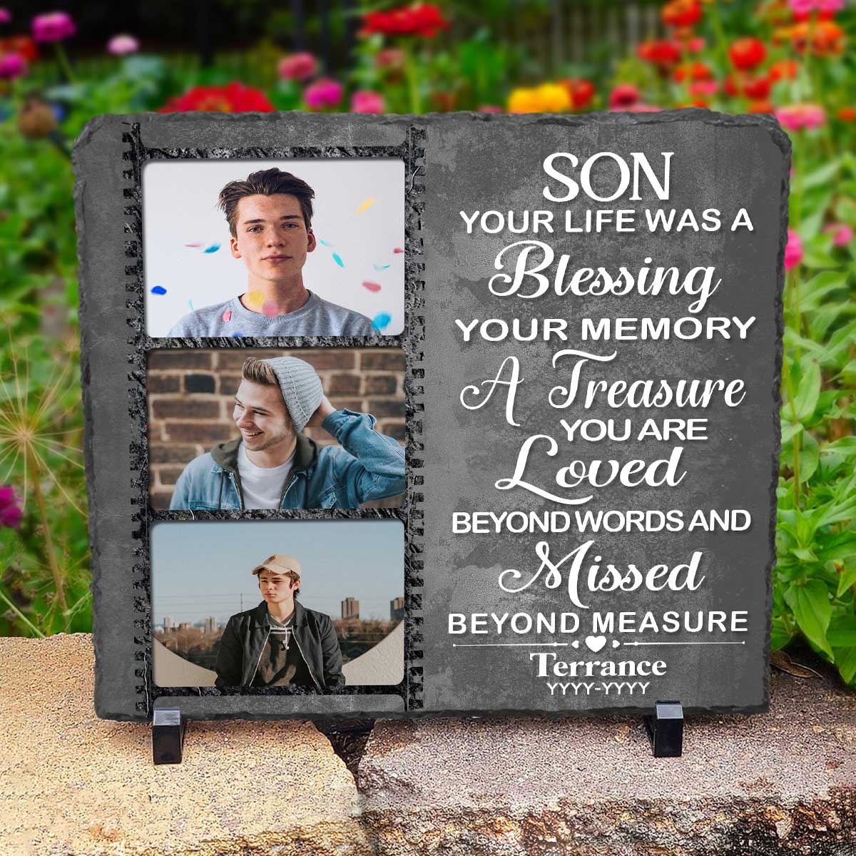 Son Your Life Was A Blessing Custom Memorial Photo Stone Slate, Personalized Son Remembrance Gifts, In Memory Of Son Gifts