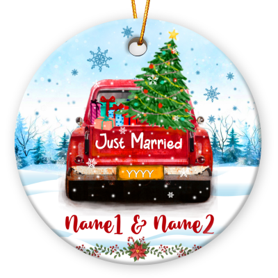 Christmas Just Married Ornament 2023 Personalized With Red Truck