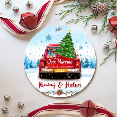 Christmas Just Married Ornament 2023 Personalized With Red Truck