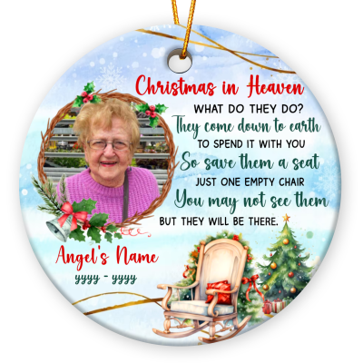 Personalized Christmas In Heaven Memorial Photo Ornament, Angels In Heaven Remembrance Gift