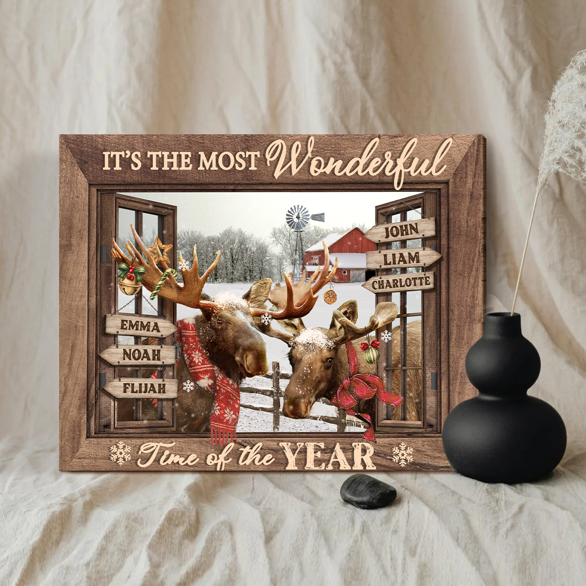 Personalized Family Member Christmas Canvas Print, It's Wonderful Time Of The Year Farmhouse Christmas Sign