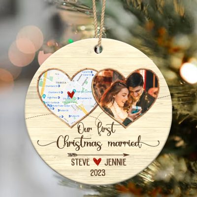personalized first christmas married map ceramic ornament newlywed christmas ornament 2023