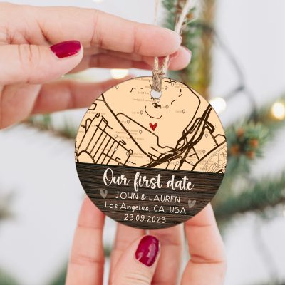 our first date personalized map ceramic ornament couples first christmas ornament