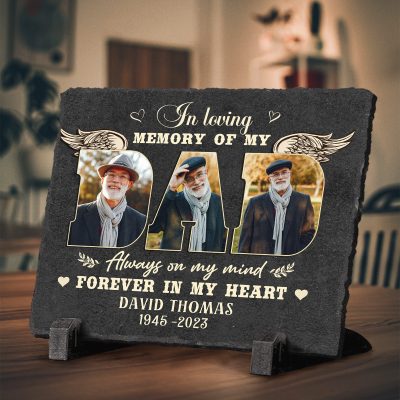 In Loving Memory Of Dad - Personalized 3 Pictures Dad Memorial Rectangle Slate - Gifts for Loss Of Father