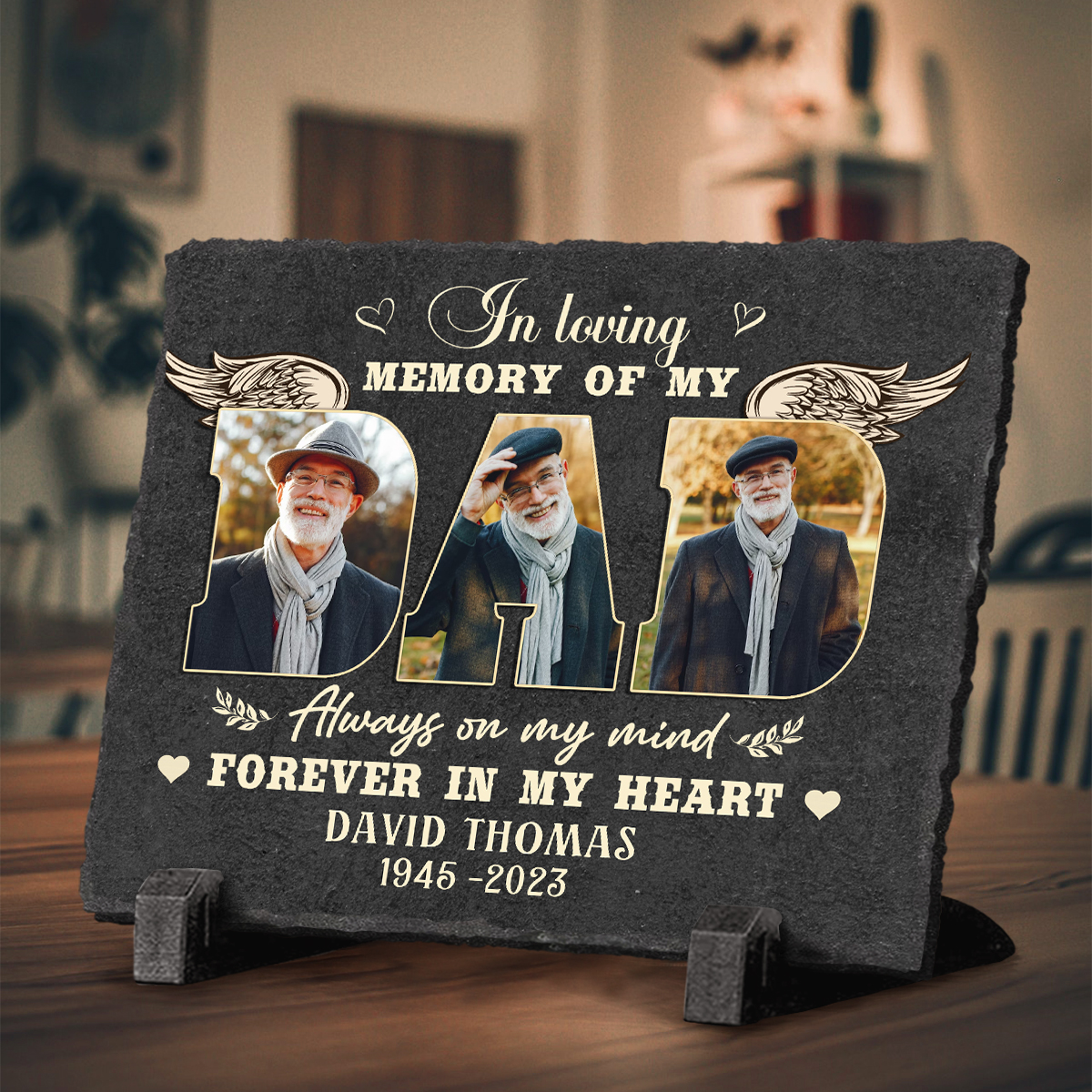 In Loving Memory Of Dad - Personalized 3 Pictures Dad Memorial Rectangle Slate - Gifts for Loss Of Father