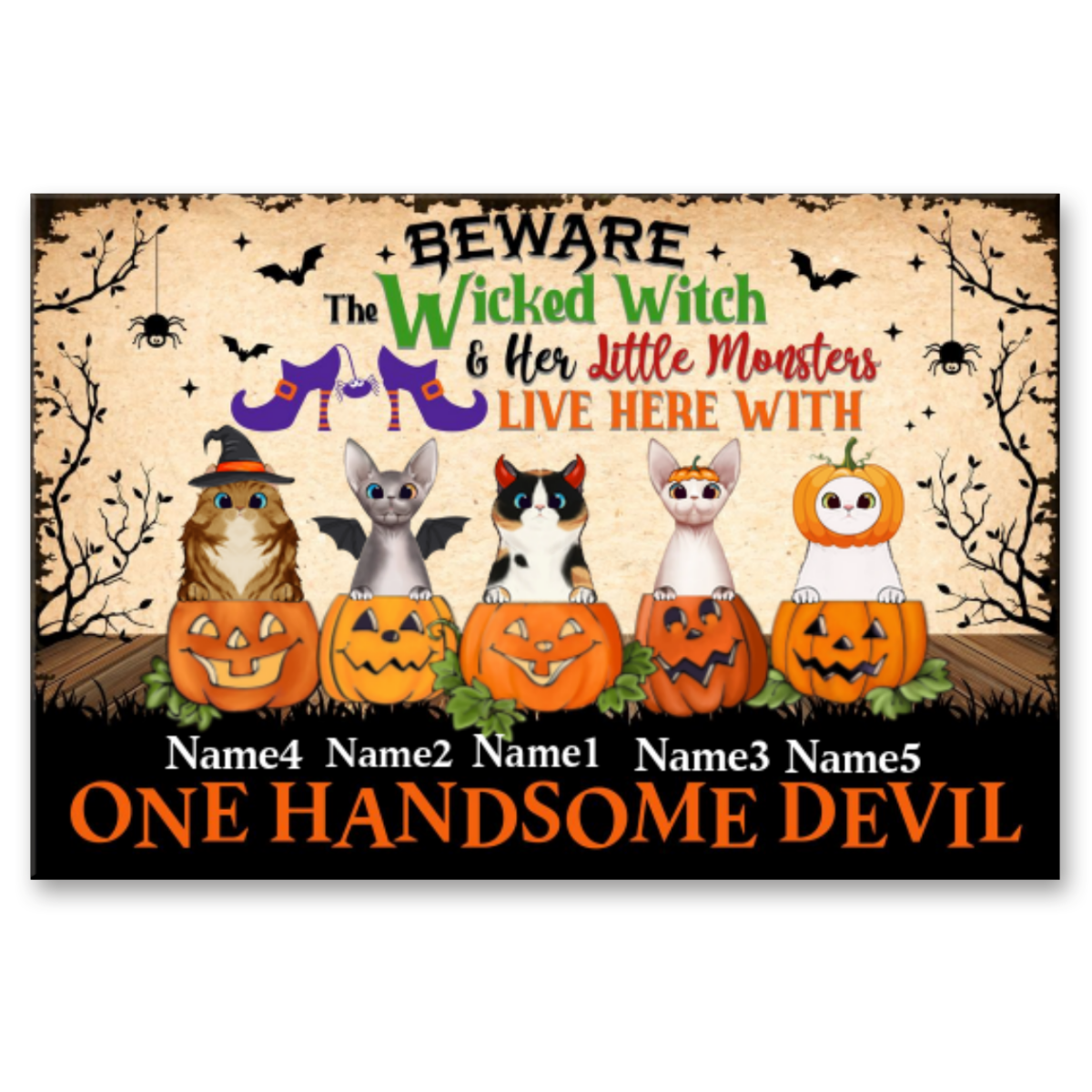 Beware The Wicked Witch and Her Cats - Personalized Halloween Metal Sign - Halloween Gifts for Cat Lovers