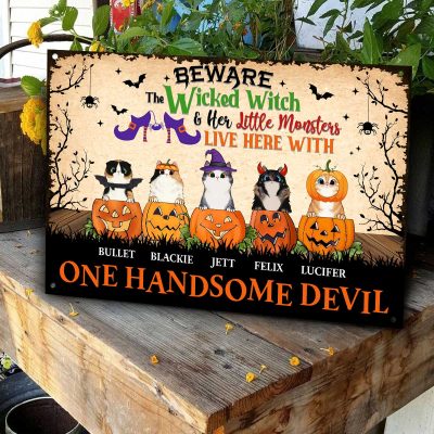 Beware The Wicked Witch and Her Cats - Personalized Halloween Metal Sign - Halloween Gifts for Cat Lovers