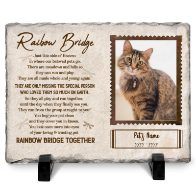 Rainbow Bridge - Personalized Cat Memorial Stone - Rectangle Rock Slate With Stand - Sympathy Gifts for Pet Lovers