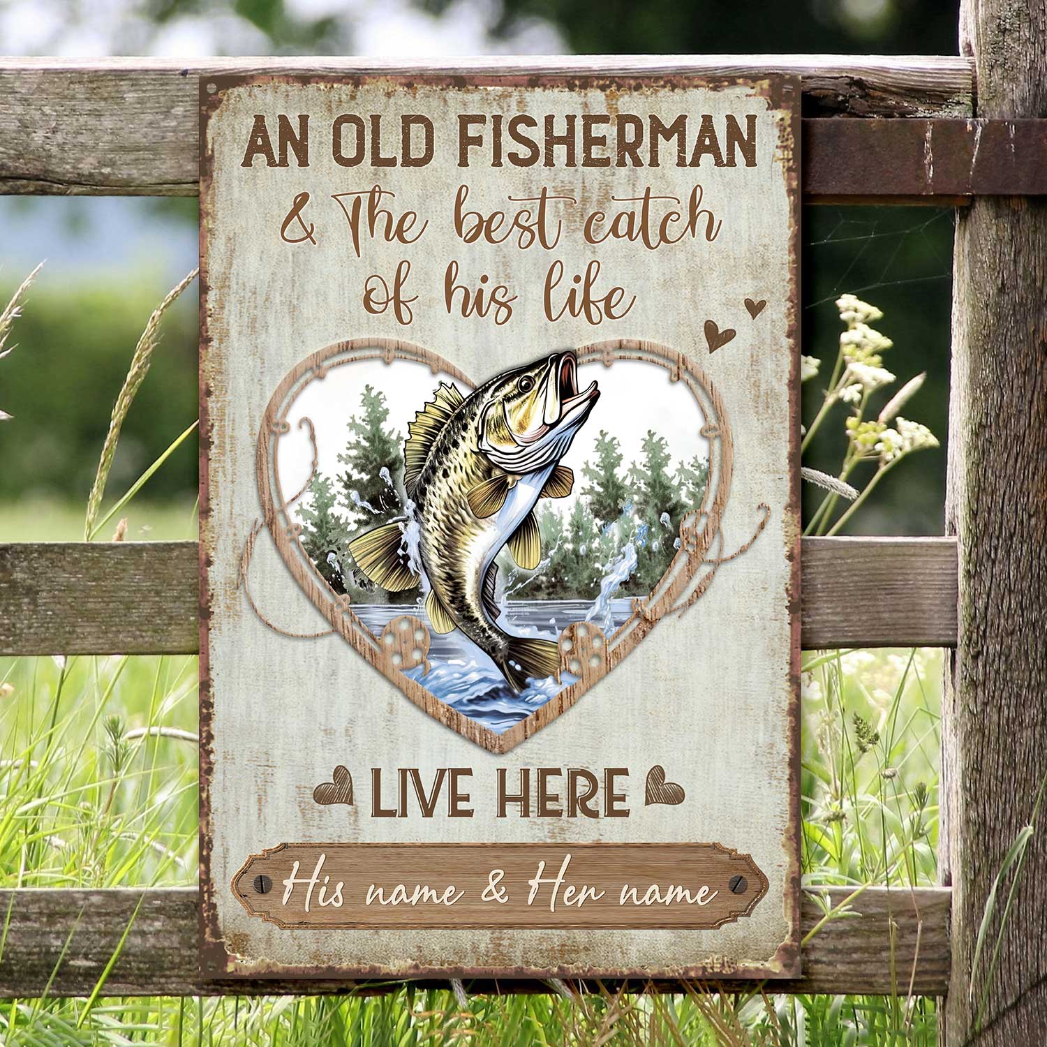 An Old Fisherman and His Catch Lives Here - Personalized Fishing Couple Metal Sign - Fishing Gifts for Him 1 An Old Fisherman and His Catch Lives Here - Personalized Fishing Couple Metal Sign - Fishing Gifts for Him