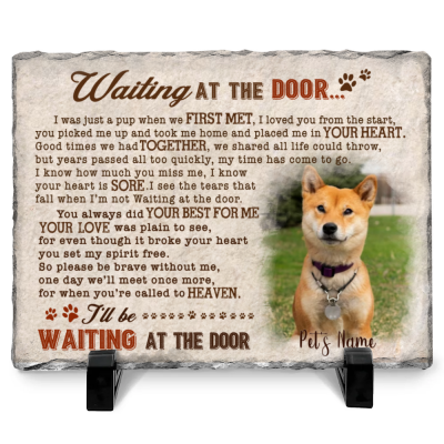 Waiting At The Door Poem - Personalized Dog Memorial Photo Slate - Dog Loss Plaque