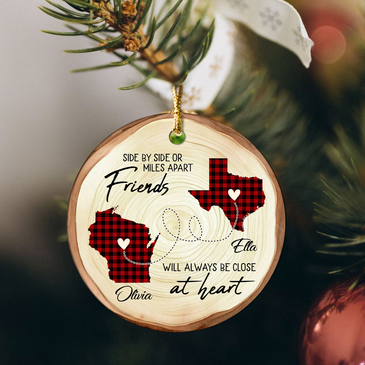 personalized two state long distance friendship ornament side by side or miles apart friends ceramic ornament