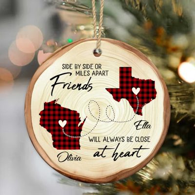 personalized two state long distance friendship ornament side by side or miles apart friends ceramic ornament