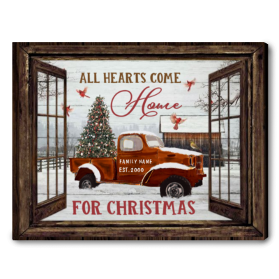 All Hearts Come Home For Christmas - Personalized Red Truck Family Name Sign - Family Christmas Gifts