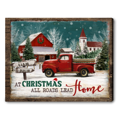All Roads Lead Home - Personalized Red Truck Christmas Sign - Custom Family Name Christmas Canvas - Christmas Gifts