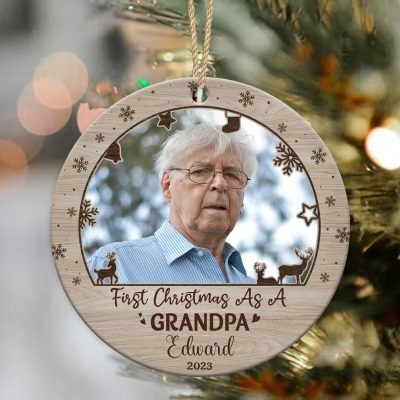 First Christmas As A Grandpa - Personalized New Grandpa Photo Ceramic Ornament - Grandpa First Christmas Tree Decoration