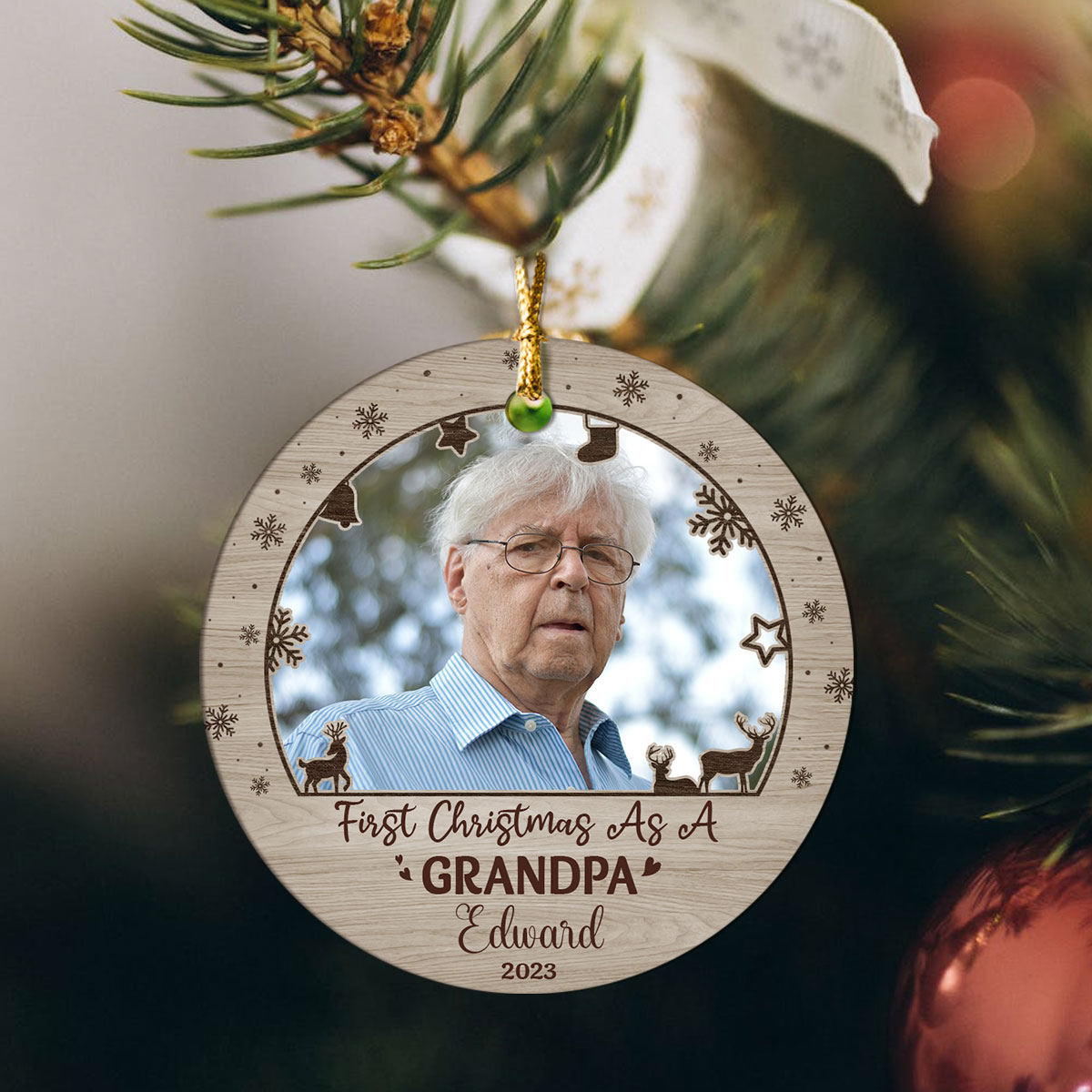 First Christmas As A Grandpa - Personalized New Grandpa Photo Ceramic Ornament - Grandpa First Christmas Tree Decoration