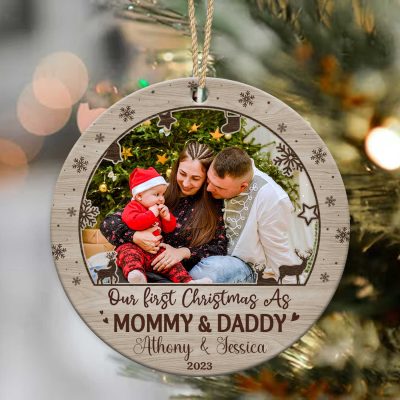 First Christmas As A Mommy and Daddy - Personalized New Parents Photo Ceramic Ornament - Newborn Baby Family First Christmas Tree Decoration