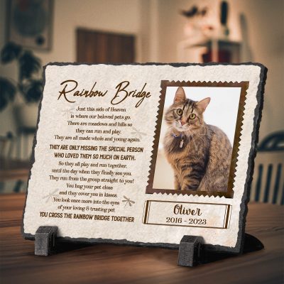 rainbow bridge - personalized cat memorial stone - rectangle rock slate with stand - sympathy gifts for pet lovers