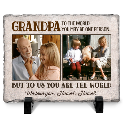 Grandpa You Are The World To Us - Personalized Grandfather Photo Slate Plaque - Christmas Gifts For Grandpa From Grandkids