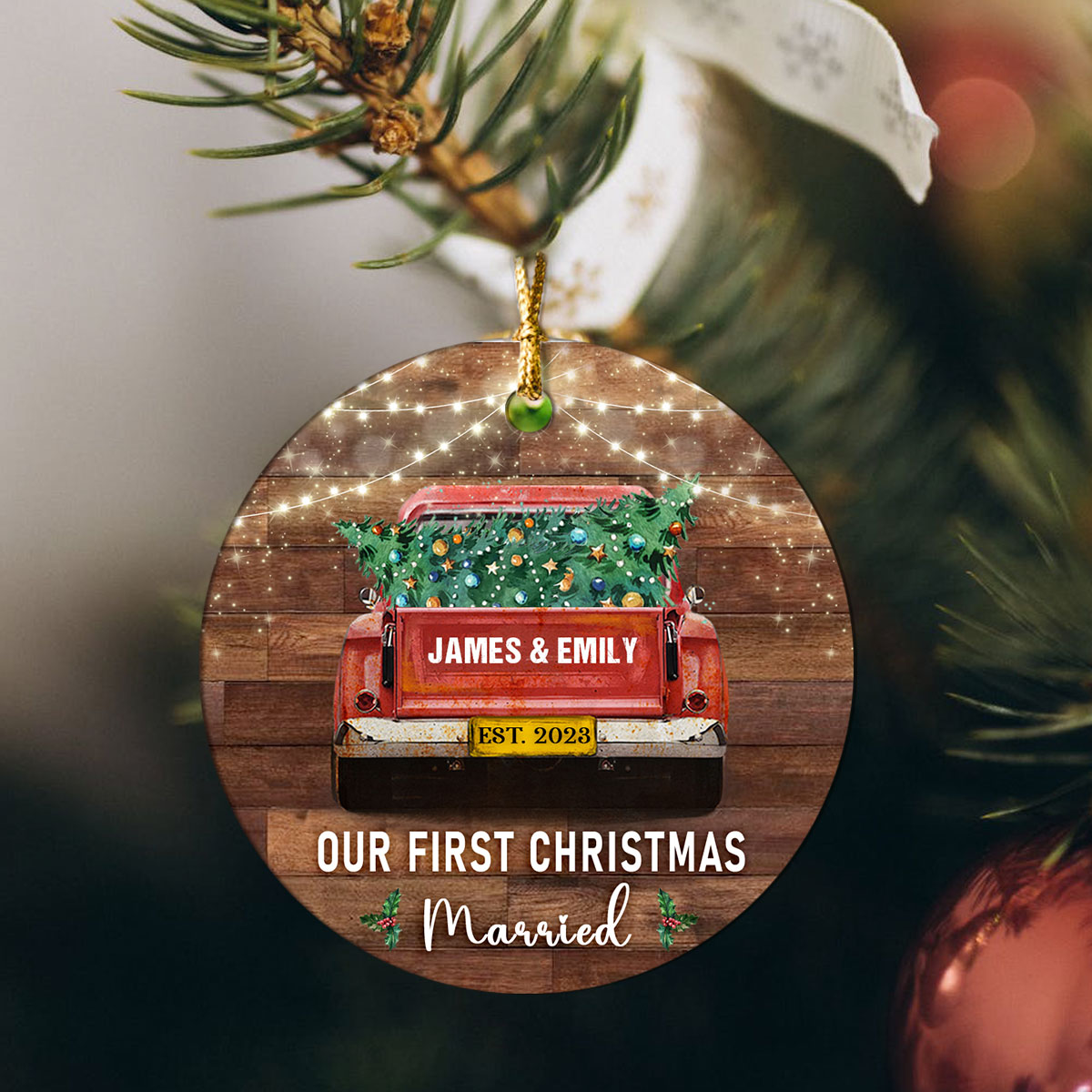 Our First Christmas Married - Custom Couple Name Red Truck Ceramic Ornament - 1st Christmas Married Wedding Christmas Tree Decoration