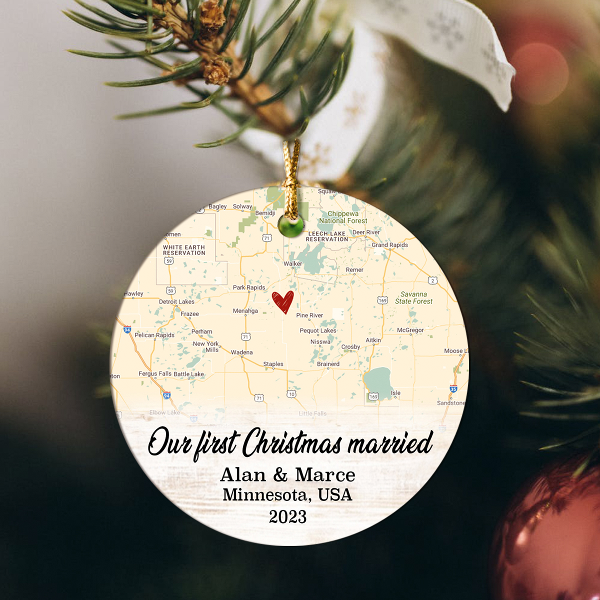 Our First Christmas Married - Custom Location Map Christmas Ceramic Ornament - 1st Christmas For Newlywed Couples