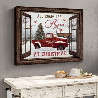 All Hearts Come Home For Christmas - Personalized Red Truck Family Name Sign - Family Christmas Gifts