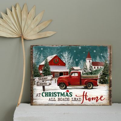 All Roads Lead Home - Personalized Red Truck Christmas Sign - Custom Family Name Christmas Canvas - Christmas Gifts