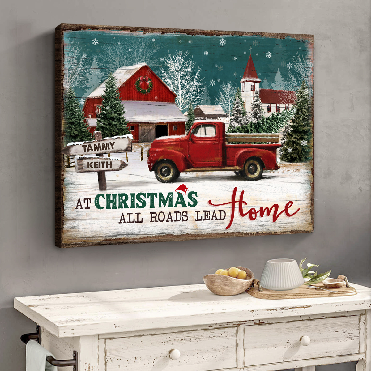 All Roads Lead Home - Personalized Red Truck Christmas Sign - Custom Family Name Christmas Canvas - Christmas Gifts 1 All Roads Lead Home - Personalized Red Truck Christmas Sign - Custom Family Name Christmas Canvas - Christmas Gifts