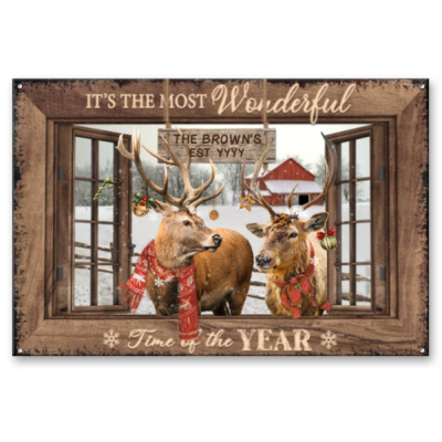 It's The Most Wonderful Time - Deer Personalized Farmhouse Metal Sign - Outdoor Christmas Decoration
