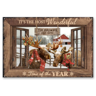 It's The Most Wonderful Time - Moose Personalized Farmhouse Metal Sign - Wall Hanging Christmas Decorations