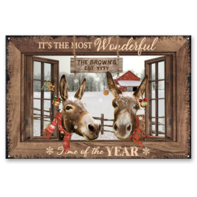 It's The Most Wonderful Time - Donkey Personalized Farm Metal Sign - Farmhouse Christmas Decoration Outdoor