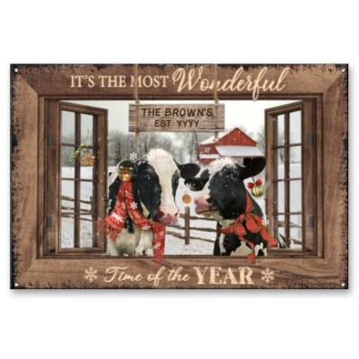 It's The Most Wonderful Time - Dairy Cow Personalized Farm Metal Sign - Custom Holiday Wall Art - Farmhouse Christmas Wall Decoration