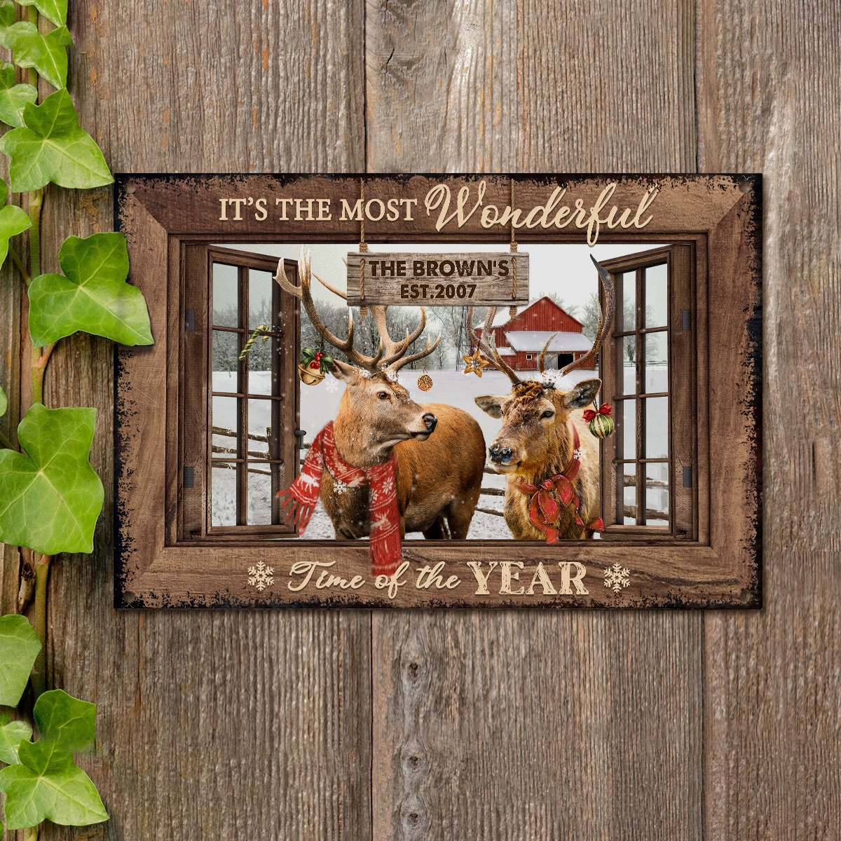 It's The Most Wonderful Time - Deer Personalized Farmhouse Sign - Christmas Wall Art - Christmas Wall Decoration