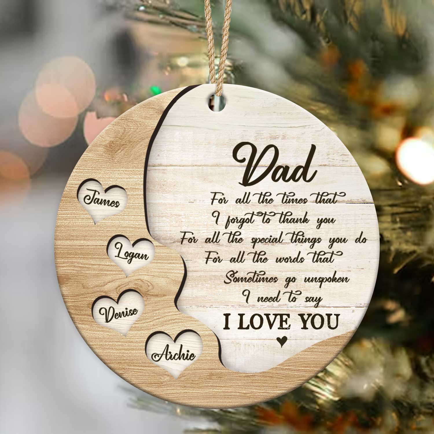 Thank You - Dad Custom Ceramic Ornament With Kids Name - Dad Christmas Tree Ornament