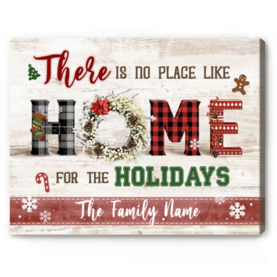 There Is No Place Like Home Christmas Canvas, Personalized Family Name Christmas Sign, Christmas Wall Decor