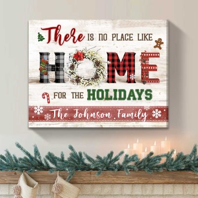 There Is No Place Like Home Christmas Canvas, Personalized Family Name Christmas Sign, Christmas Wall Decor