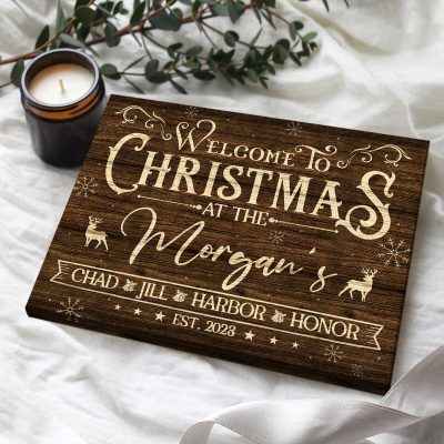Personalized Christmas Welcome Sign - Custom Family Christmas Canvas - Christmas Wall Art - Modern Farmhouse Christmas Decor