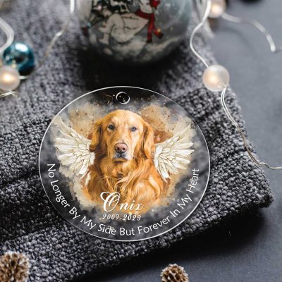 No Longer By My Side But Forever In My Heart - Personalized Photo Dog Memorial Acrylic Ornament - Pet Memorial Christmas Ornament