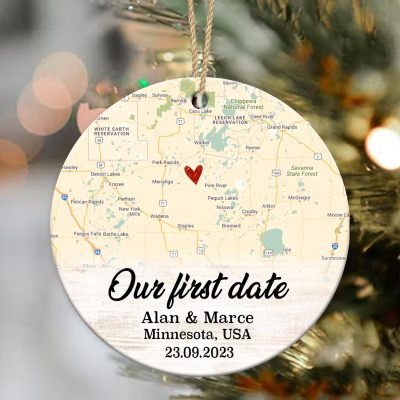 our first date personalized location map ceramic ornament christmas gift for couple