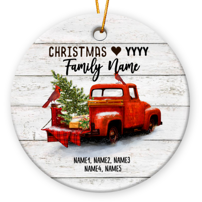 Red Christmas Truck - Personalized Family Ceramic Ornament With Names - Red Truck Christmas Decor - Family Christmas Gift