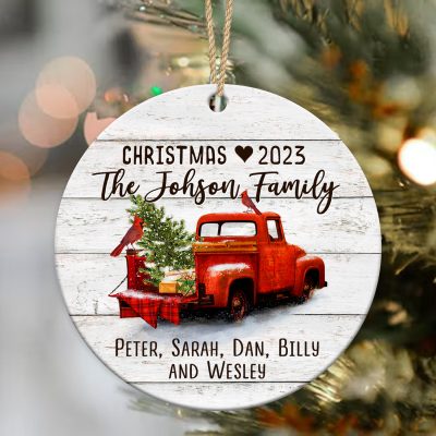 Red Christmas Truck - Personalized Family Ceramic Ornament With Names - Red Truck Christmas Decor - Family Christmas Gift