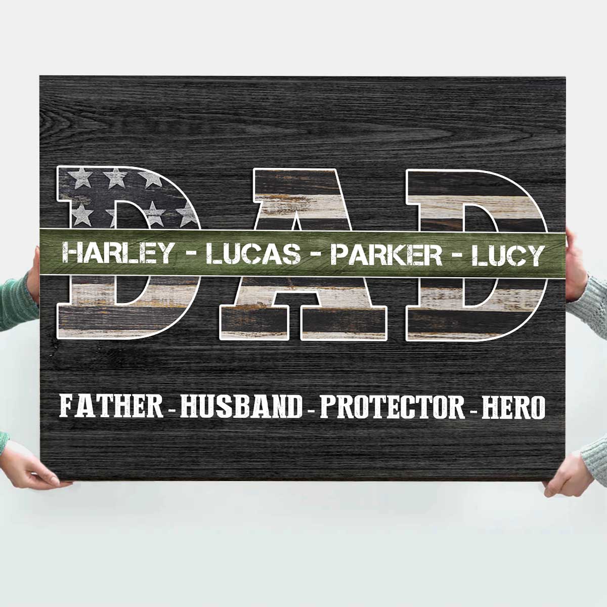 Army Green Line - Personalized Army Dad Sign - Military Dad Gifts With Kids Names