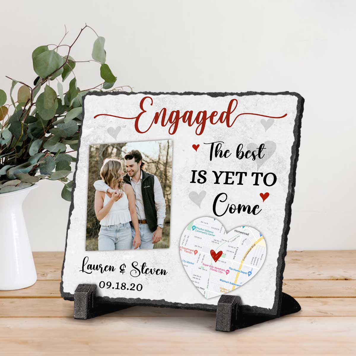 Engaged The Best Is Yet To Come - Personalized Engagement Photo And Map Rock Slate - Engagement Keepsake Gift - Newly Engaged Couple Gift