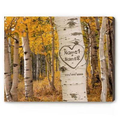 carved birch tree art print - tree carving personalized with couple names and special date canvas - valentine's day gift - engagement gift