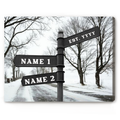 winter road intersection sign - custom couple's name and date on street sign - wedding road sign