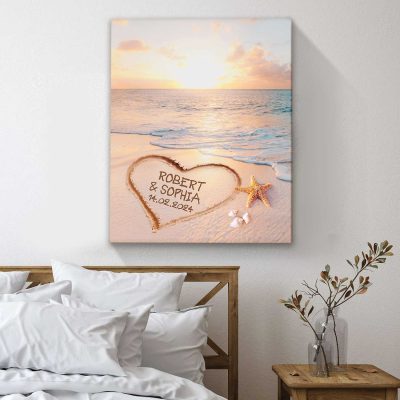 Custom Heart In Sand Print With Couples Names - Beach Theme Wedding Gifts - Coastal Decor - Valentine Canvas Art
