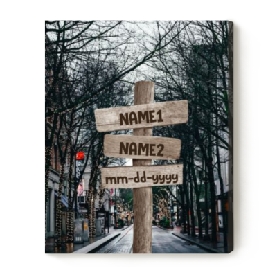 Cross Road Sign Canvas With 2 Last Names - Intersection Sign Engagement Gift - Valentine Couples Sign