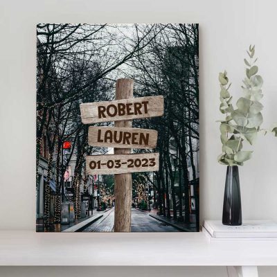Cross Road Sign Canvas With 2 Last Names - Intersection Sign Engagement Gift - Valentine Couples Sign